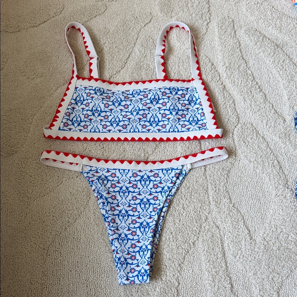 Blue and Red Patterned Bikini Set